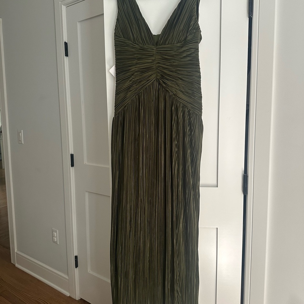 Azazie Olive Pleated V-Neck Maxi Dress